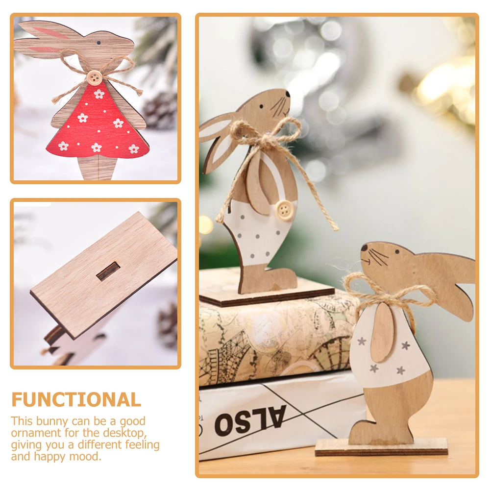 

4 Pcs Rabbit Ornaments Wooden Bunnies Home Decor Desktop Accessory Red Shorts Skirt White Vest Overalls Tabletop Festival Prop