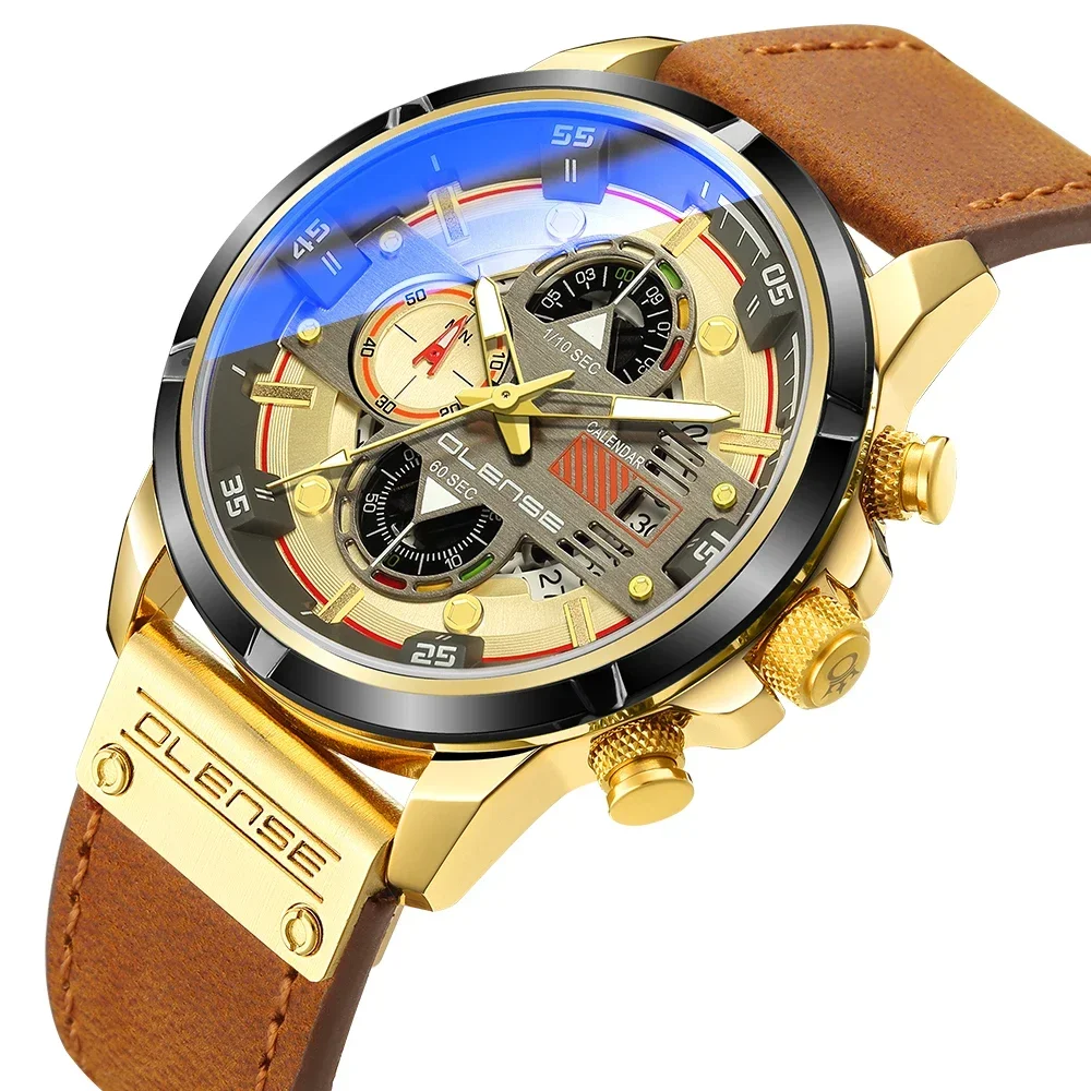 moonbiffy Mens Genuine Leather Watches Blue Light Glass Multifunction Quartz Watch Military Waterproof Date Chronograph Clock