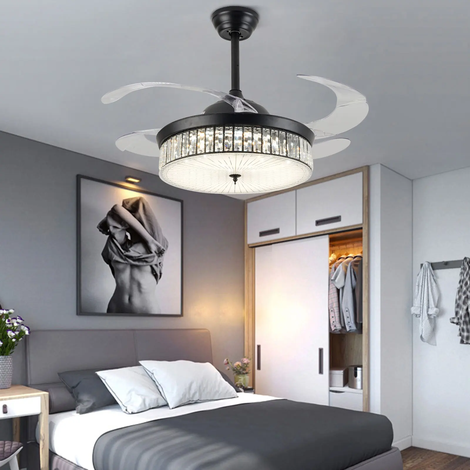 

42" Dimmable Crystal LED Chandelier Black 4 Retractable Blades Ceiling Fan Light W/ Remote Dining Living Bedroom Fixture