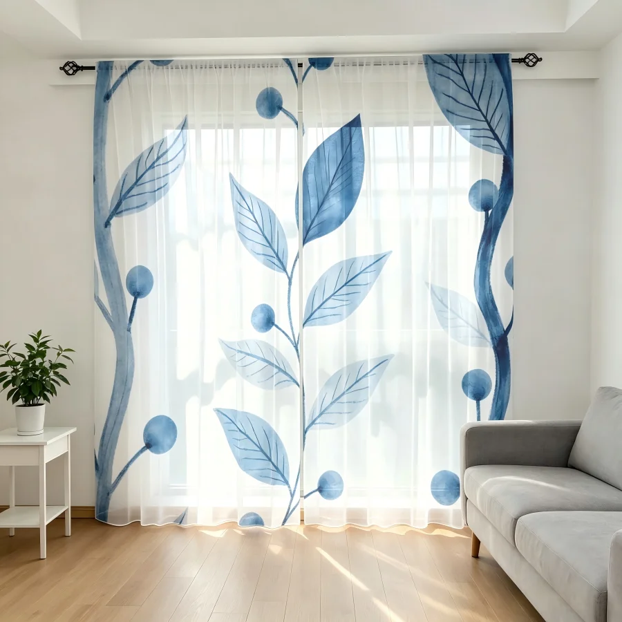 2PCS Digital Print Sheer Curtain, Misty Blue Fruit Leaf Botanical Nature Window Drapes for Living Room Bedroom Home Decor