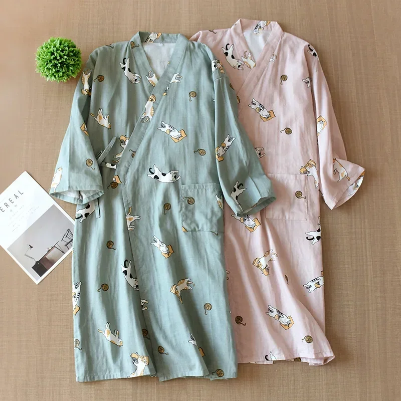 Japon tarzı kimono pijama yaz yeni % 100% pamuklu gazlı bez pijama gecelik bayanlar SPA yukata gecelik uzun pijama kadın