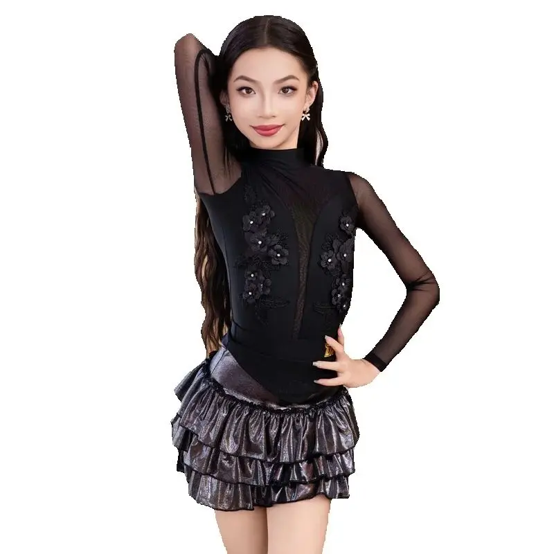 黒長袖ラテンダンス服女の子チャチャラテンダンス衣装子供サンバサルサ社交ダンスドレス SL14580