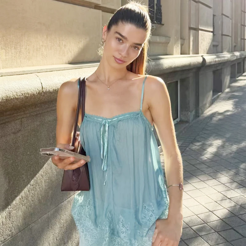 HXAO Damen Sommer 2026 Locker sitzendes Spitzen-Top mit Schleife, ärmellos, rückenfrei, mit Spaghettiträgern, Strandtop – Detail 9