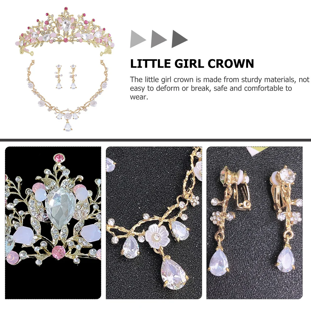 

1Set Little Girl Birthday Crown Rhinestone Crown Headband Necklace Ear Clips Earrings Chic Party Accessories Tiaras for Girls