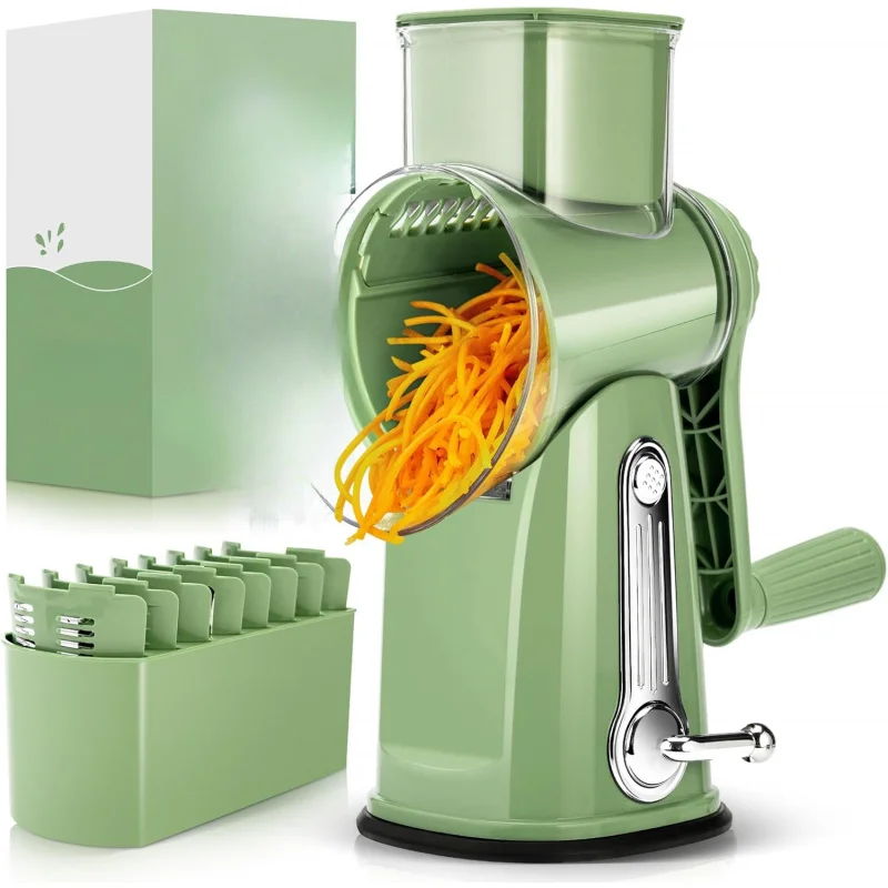 

Rotary Cheese Grater with Handle - 5-Blade Vegetable Shredder, Mandoline Slicer Chopper w/ Strong Suction Base & Storage Box