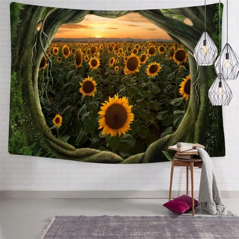 Bohemian Sunflower Tapestry Wall Hanging Boho Floral Sun Field Art Decor Large Tapestry 180x280cm Yellow Sunshine