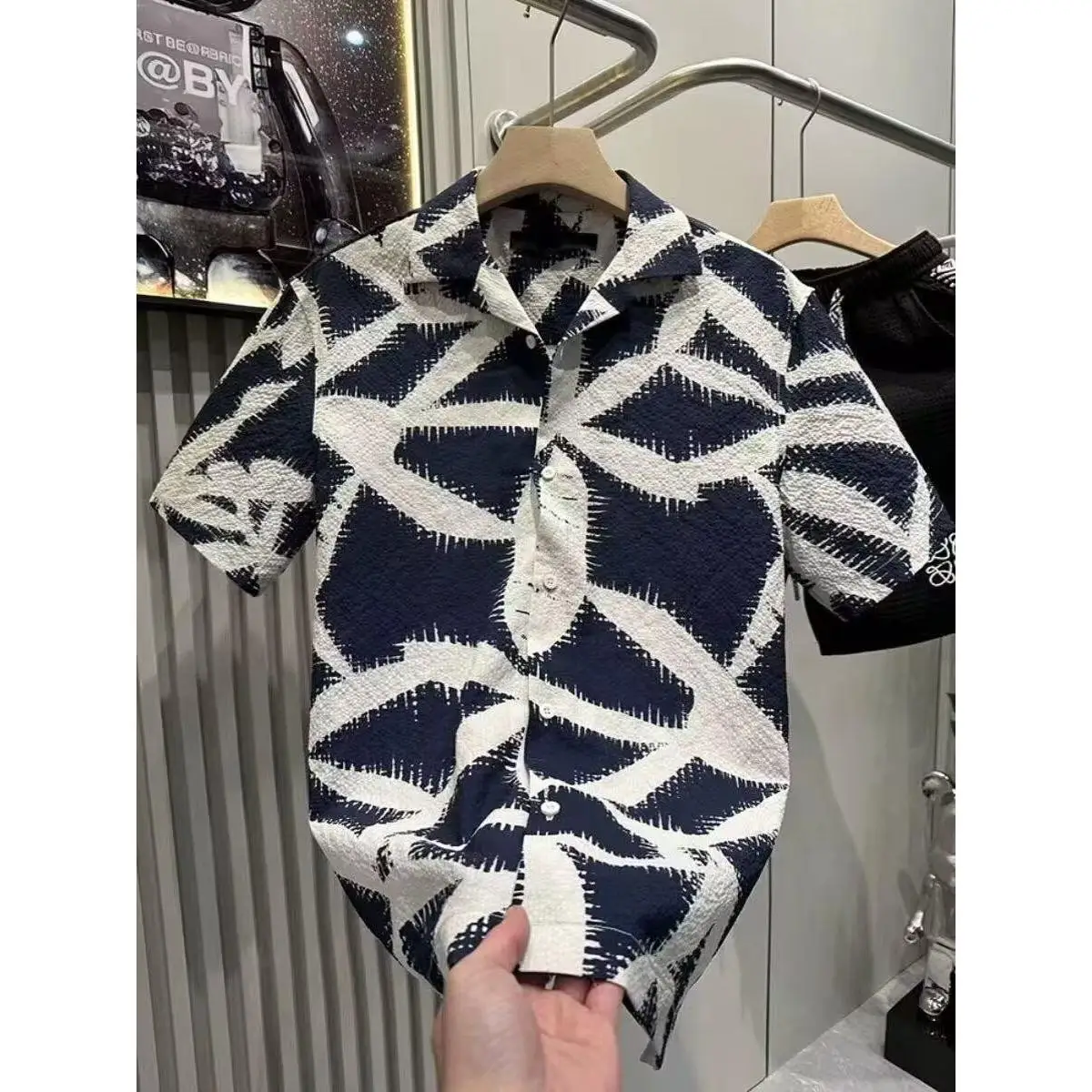 

Summer 2025 Men's Printed Bubble irt Cuban Collar Loose ort Sve Casual Polyester Fiber Stand Fit Daily Wear