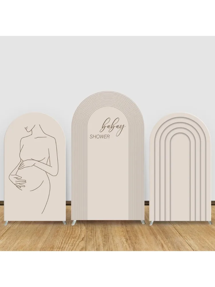 Couverture d'arrière-plan pour arc de réception-cadeau pour bébé, fête de grossesse, rayures crème, Silhouette de maternité, célébration du nouveau-né, photographie murale