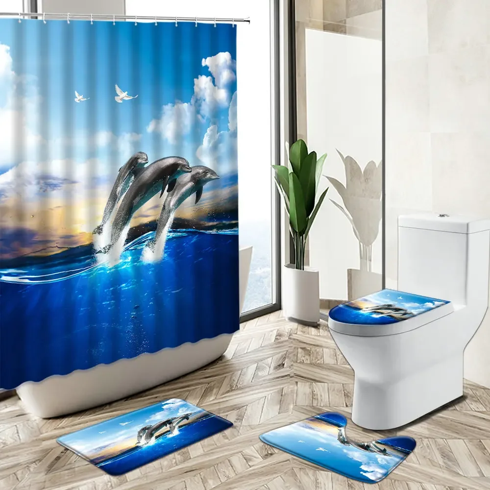 Dolphin Animal Shower Curtain Tropical Fish Blue Ocean World Design Bathroom Decor Non-Slip Rug Toilet Lid Cover Bath Mat Set