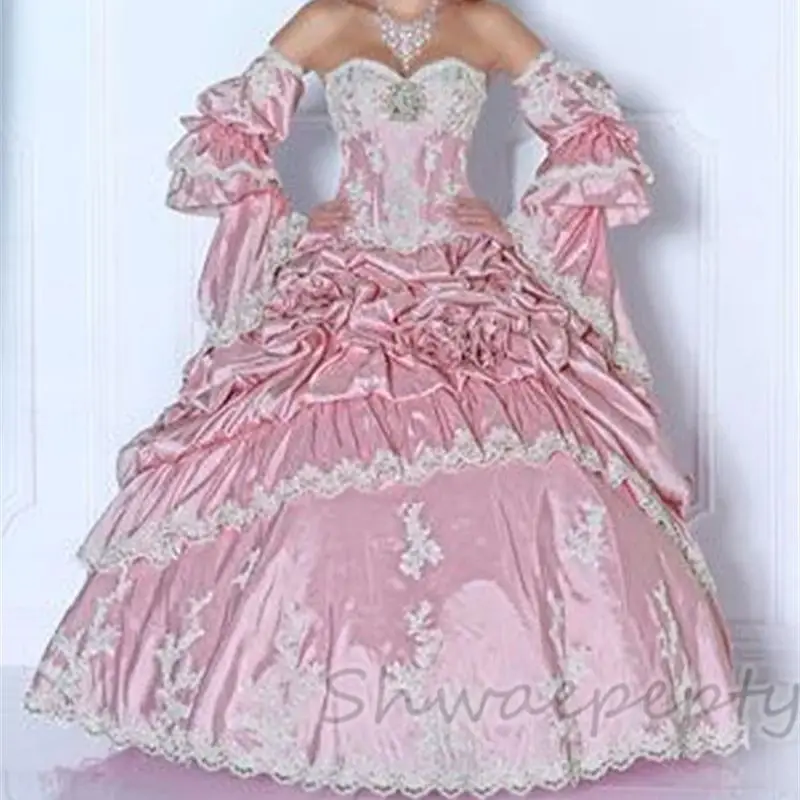 Vestido de quinceañera Rosa elegante con mangas de campana desmontables, Apliques de encaje marfil, vestidos de fiesta de graduación de satén fruncido, dulce 16 vestidos