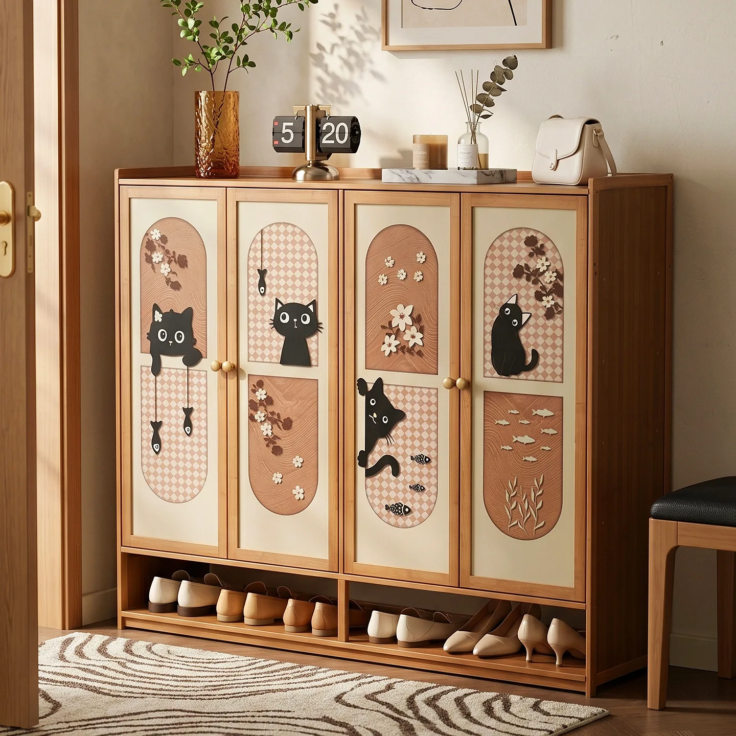Retro style bamboo shoe cabinet, wall mounted large capacity dust-proof shoe cabinet, household multi-layer storage cabinet