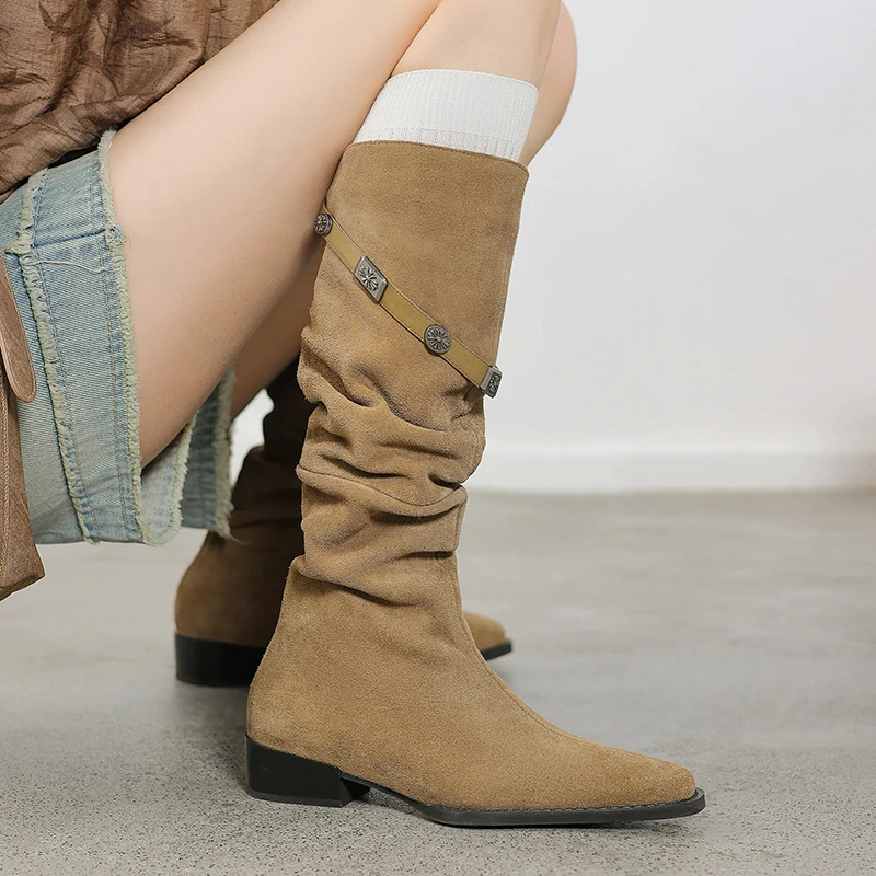 Autumn Women Boots Solid Cow Suede Pleated Boots Winter Women Shoes Elegant Long Knee-high Boots Genuine Leather Chelsea image 2