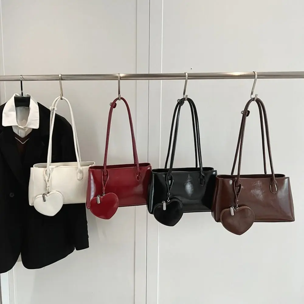 

Retro Red PU Leather Women Shoulder Bags with Love Coin Purse Large Capacity Underarm Bag Tote Bag