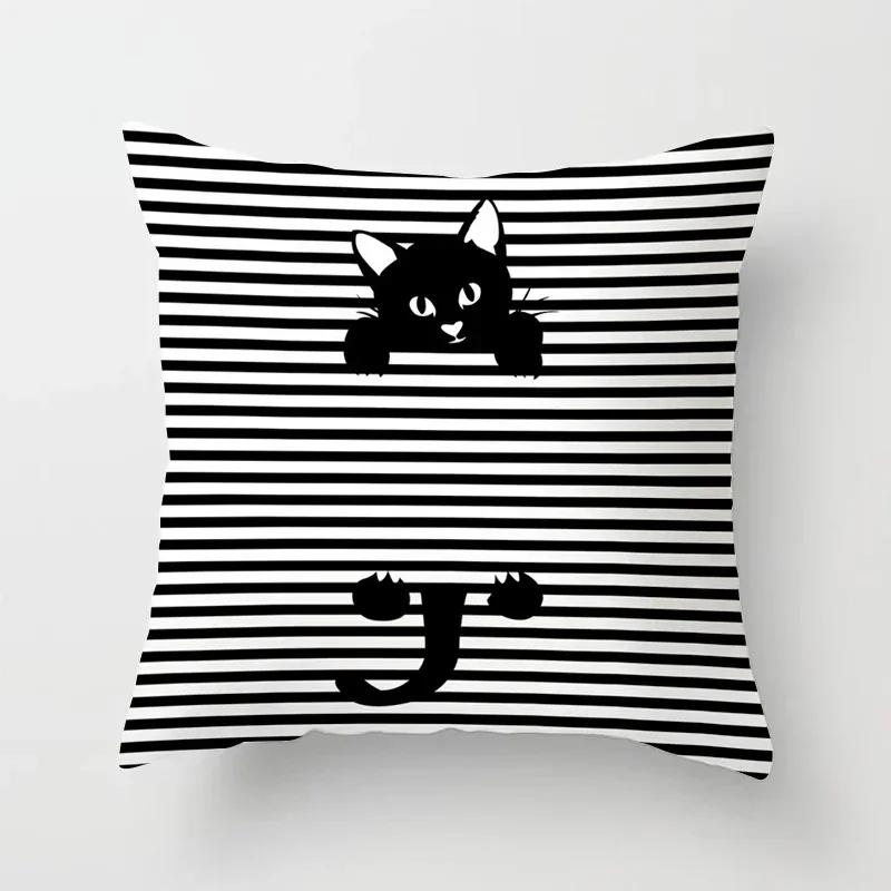 

Cute Black White Cat Print Pillow Cover Cushion Cover Cartoon Kitty Striped Throw Pillow Case for Living Room Sofa Kids Bedroom