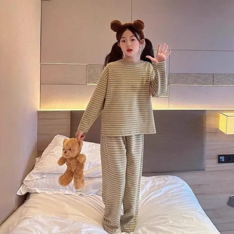 

Kids Home Wear 2Pcs Autumn and Winter Warm Long Sleeve Girls Pajamas Striped Round Neck Suit Baby Warm Casual Comfortable Hot