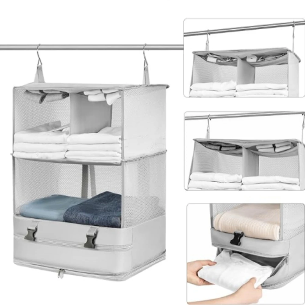 

Portable Hanging Travel Shelves Bag Suitcase Organizer Carry-on Closet Packing Cubes Travel 3-Shelf Suitcase Closet with 2 Hooks