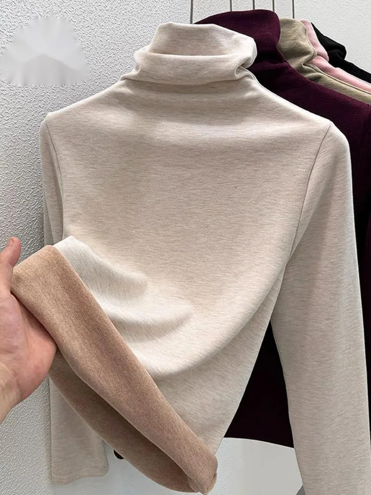 Turtleneck Mulberry Silk Bottoming Shirt Long Sleeves Velvet Fleece Thermal Underwear Women Warm Cashmere Slim Top