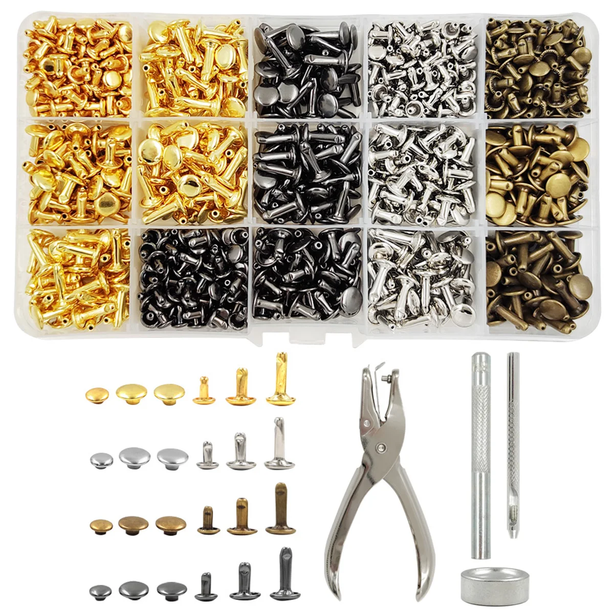 240/480 Conjuntos de Rebites Metálicos Redondos de Dupla Face com Kit de Ferramentas para Artesanato em Couro, Calçados, Bolsas, Cintos e Roupas