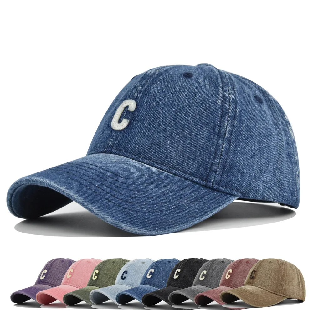 

Washed Denim C Embroidered Baseball Duckbill Cap Vintage Curved Brim Couple Sun Hat