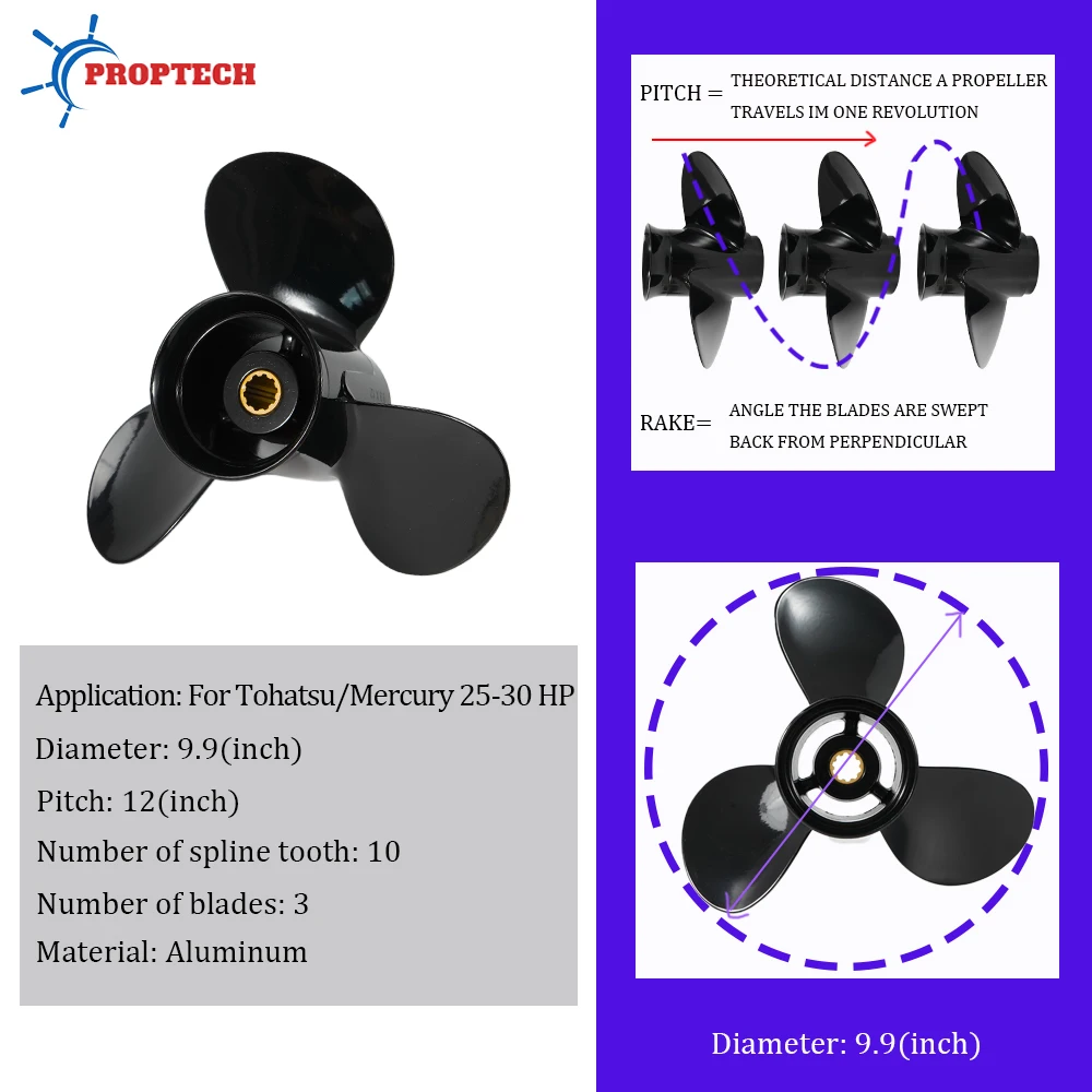 Aluminum Alloy Propeller for Tohatsu Nissan Mercury Outboard 9.9x12 Inch 3 Blade 10 Spline Fits 25 HP 30 HP Boat Motors