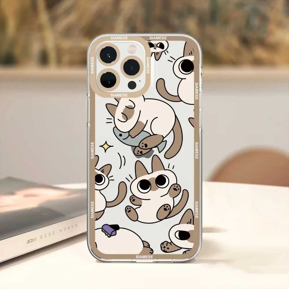 Kawaii Siamese Cat Phone Case For iPhone 11 12 Mini 13 14 15 Pro Max Transparent Shell