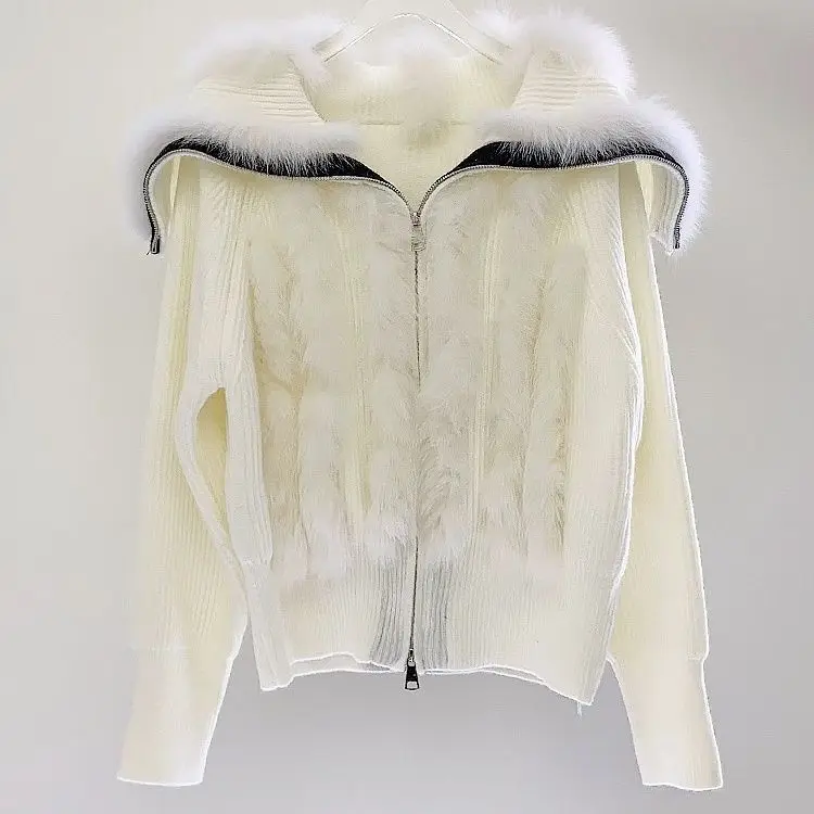 Winter Imitation Rabbit Fur Knitted Cardigan Faux Fox Fur Striped Sweater Coat Big Fur Sailor Collar Knitwear Jacket Zipper Tops