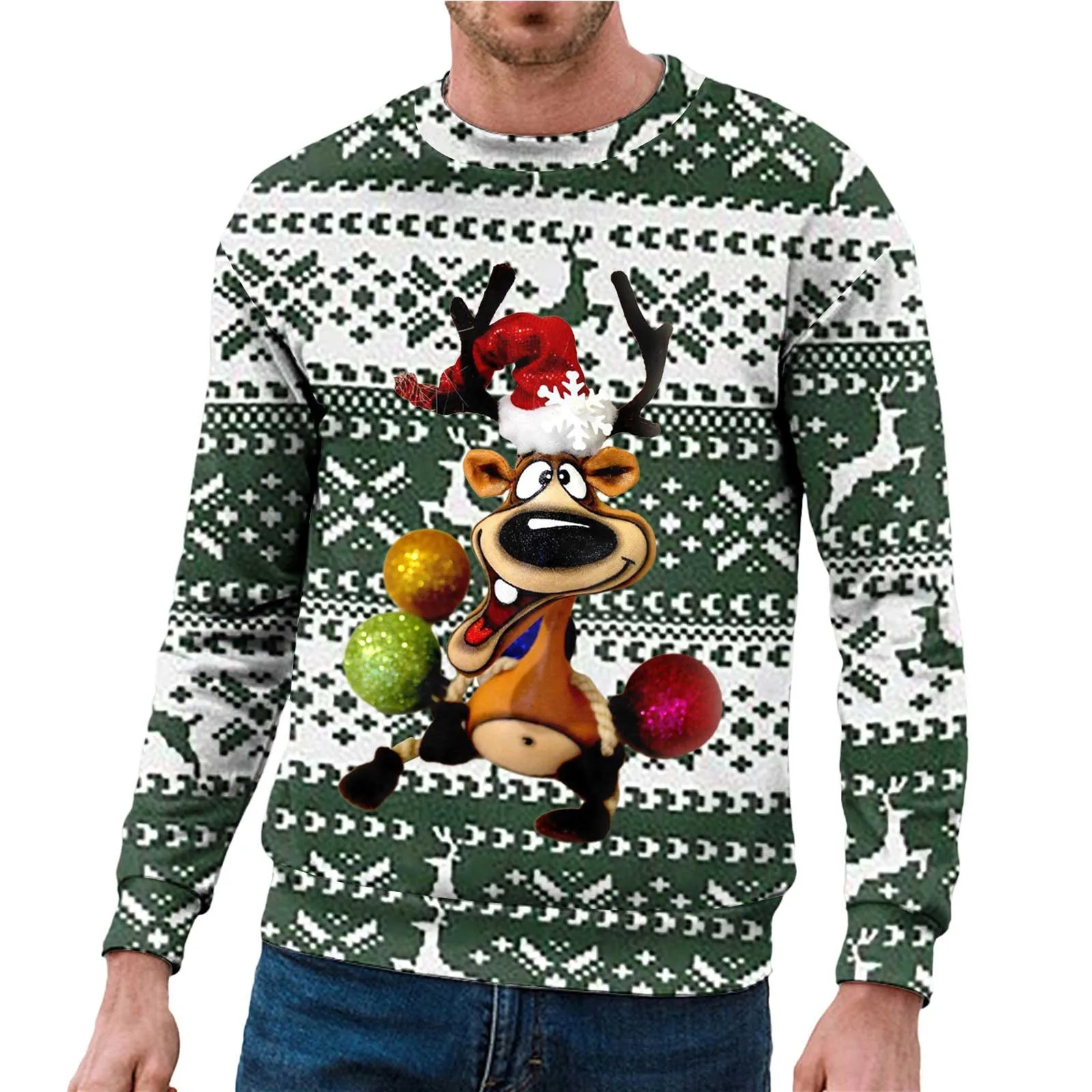 

Men Christmas Hoodie Cartoon Reindeer Printed Round Neck Long Sleeve Pullover Autumn Winter Oversize Sweatshirt Sports Tracksuit