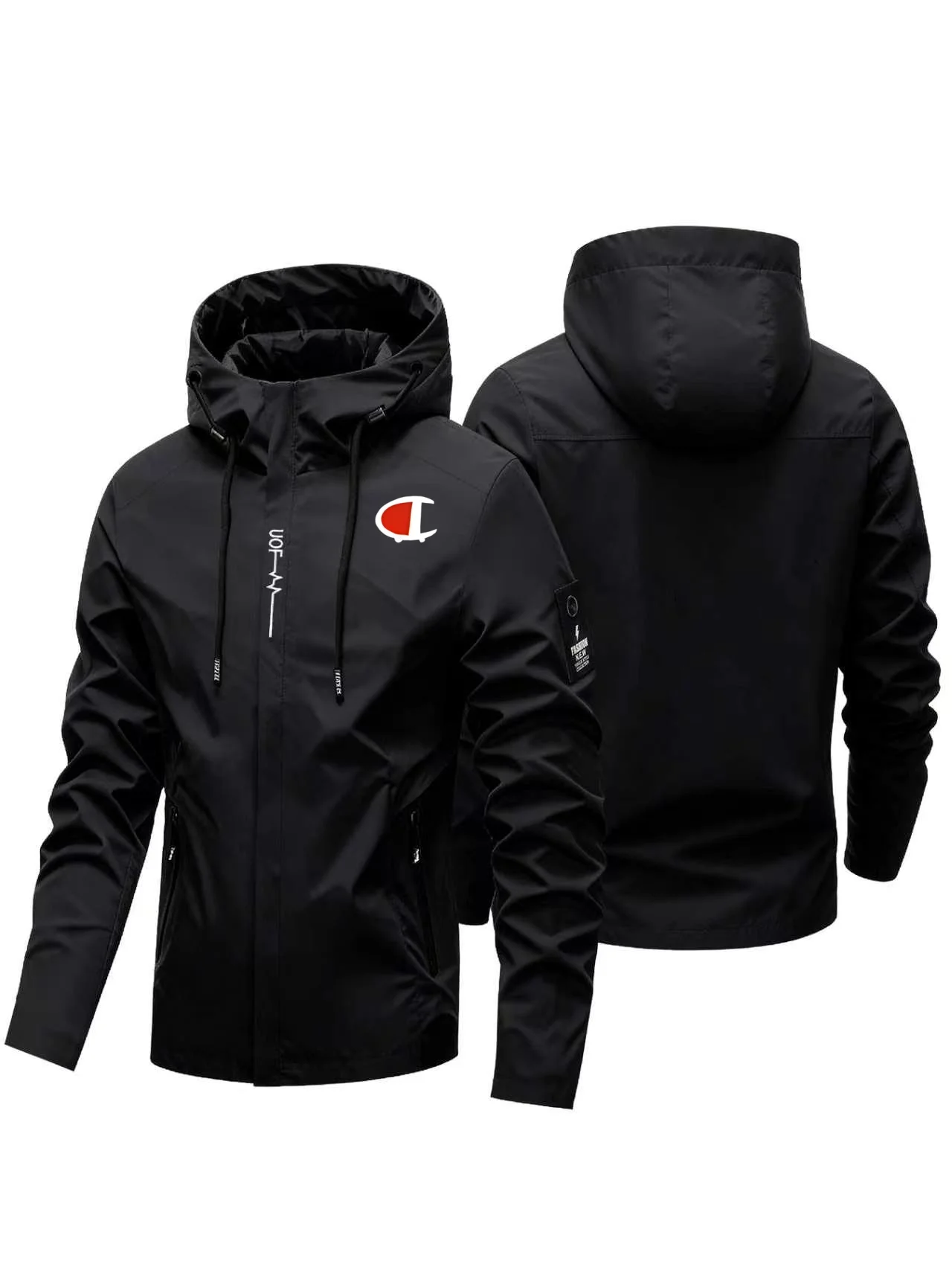 2026 NEWMen Letter C Logo Print Hooded Jacket Outdoor Windbreaker Male Zip Up Windproof Coat Casual Streetwear Outerwear