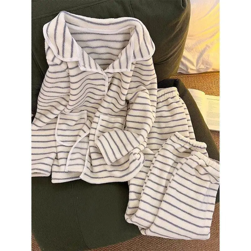 

Homewear Winter Women's Pajama Set Girl Nightwear Stripe Collar Coral Fleece Cozy Thick Warm Soft Loungewear Sleepwear Set