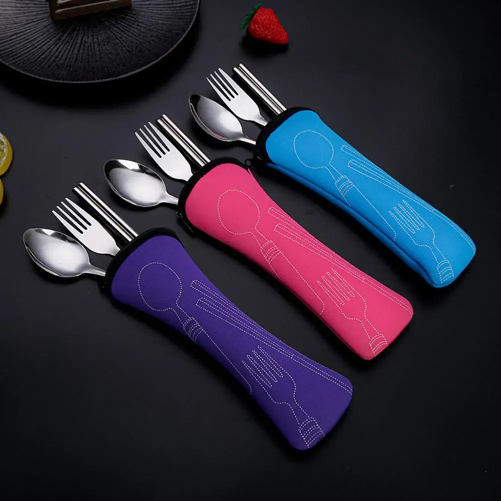 20cm Cutlery Set With Zipper Bag Stainless Steel Travel Utensils Kit Fork Spoon Chopsticks Storage Pouch For Restaurant Outdoor