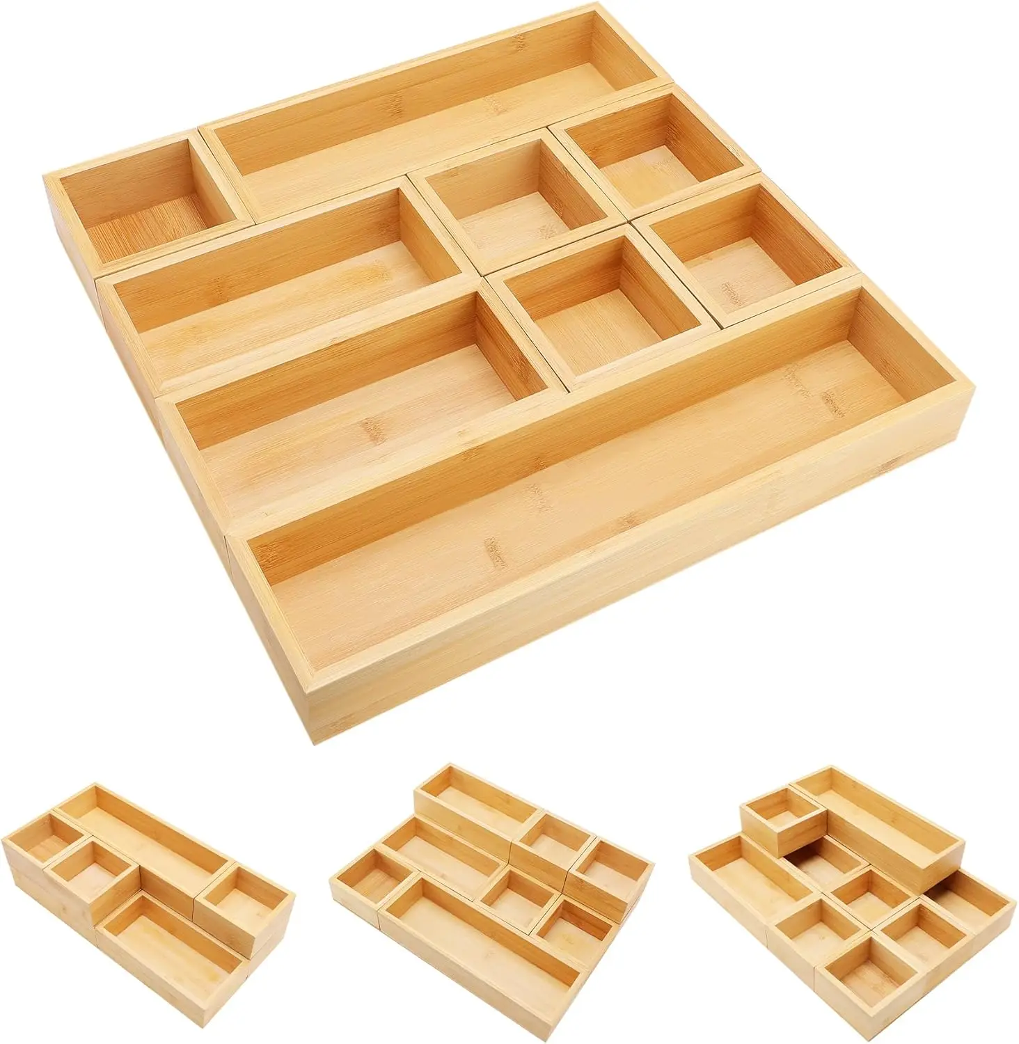 Juego de organizador de cajones de bambú de 9 piezas para almacenamiento de cocina, baño, oficina, joyas y utensilios