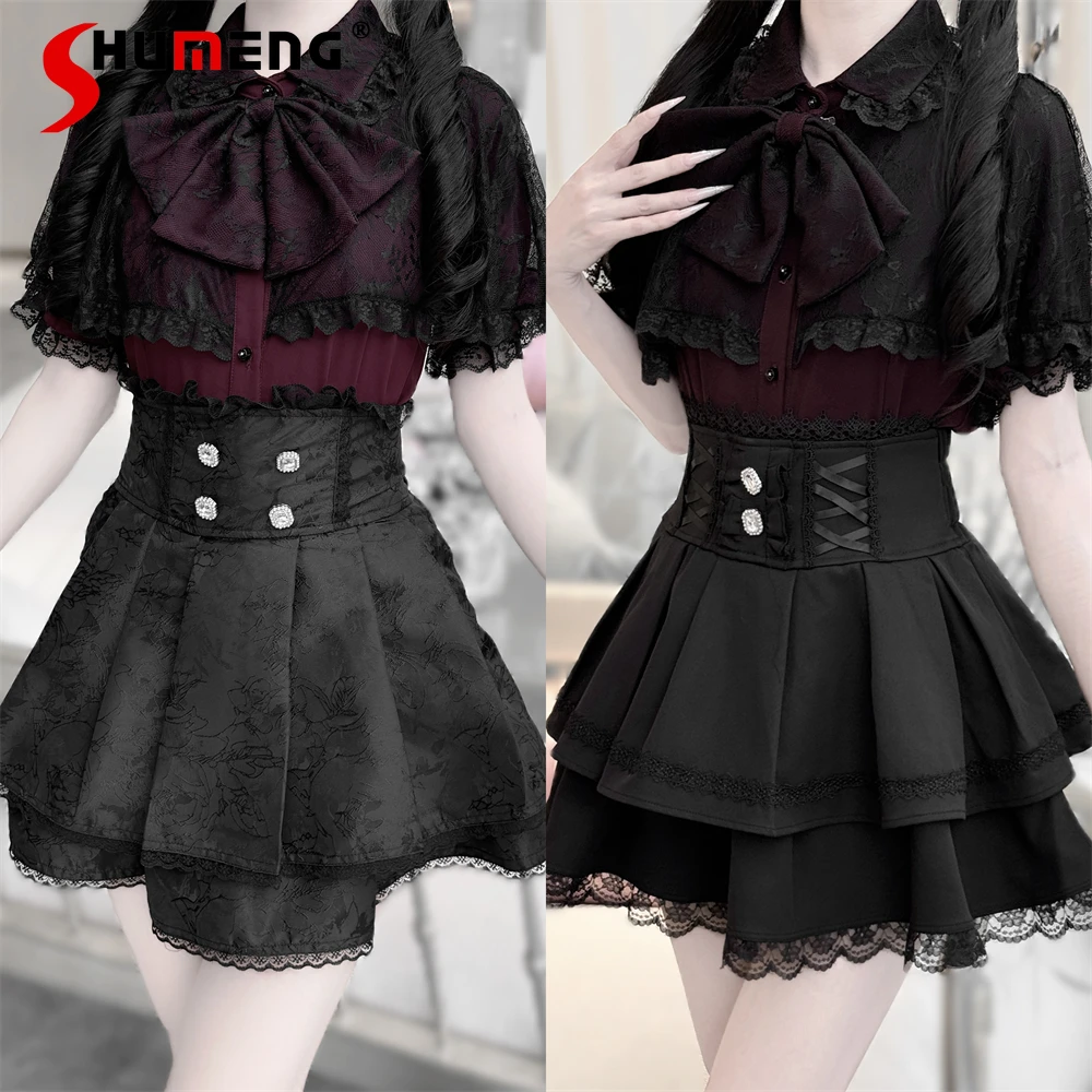 Japanse Mijn In massa geproduceerde Lolita Korte Mouw Zomer meisje Vrouwen Subcultuur Kant Cape Boog Lolita Shirt Top Mini rok