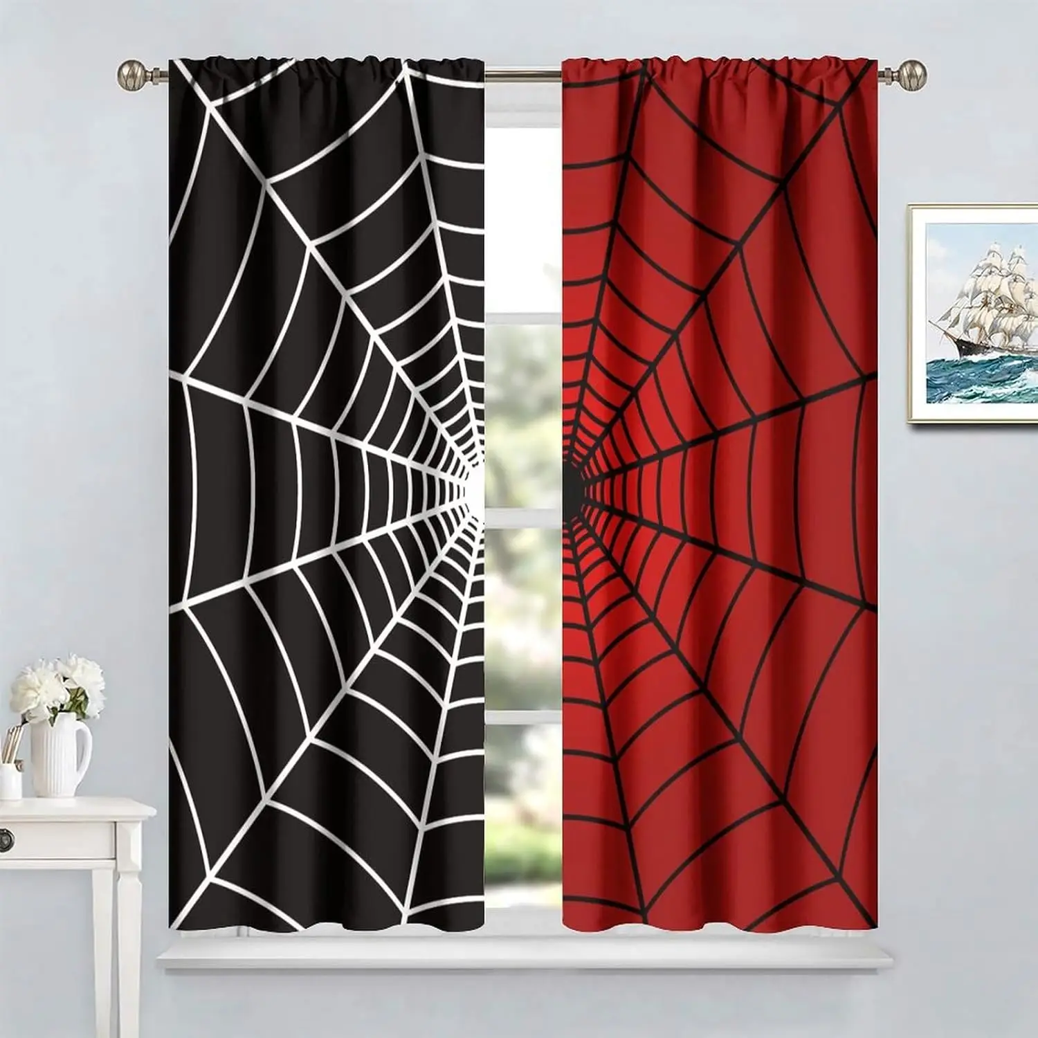 

Spider Web Window Curtains, Black Red 3D Tunnel Spiderweb Print Drapes for Kids Boys Bedroom, Superhero Spider Theme Home Decor