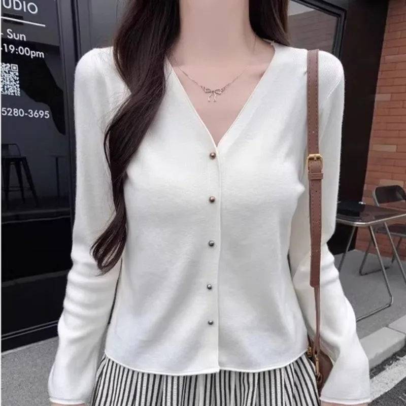 

Вязаный кардиган для женщин, черный свитер с V-образным вырезом, новый женский топ с длинным рукавом, трикотаж Q2990