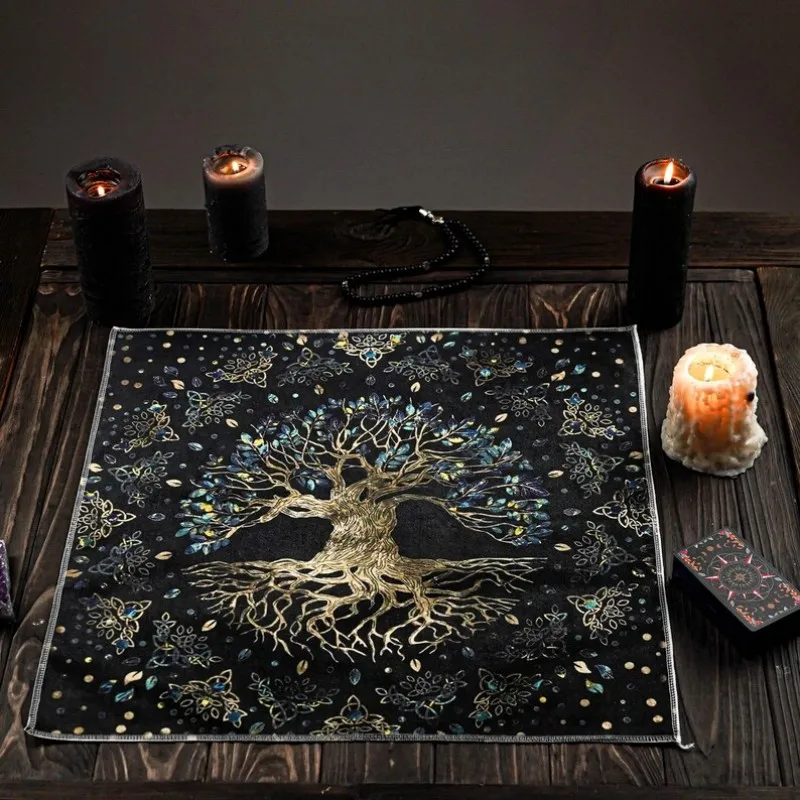 VIKAMA Black Gold World Tree Tarot Card Altar, Celtic Knot, Witchcraft Divination Tablecloth, Ritual Decoration