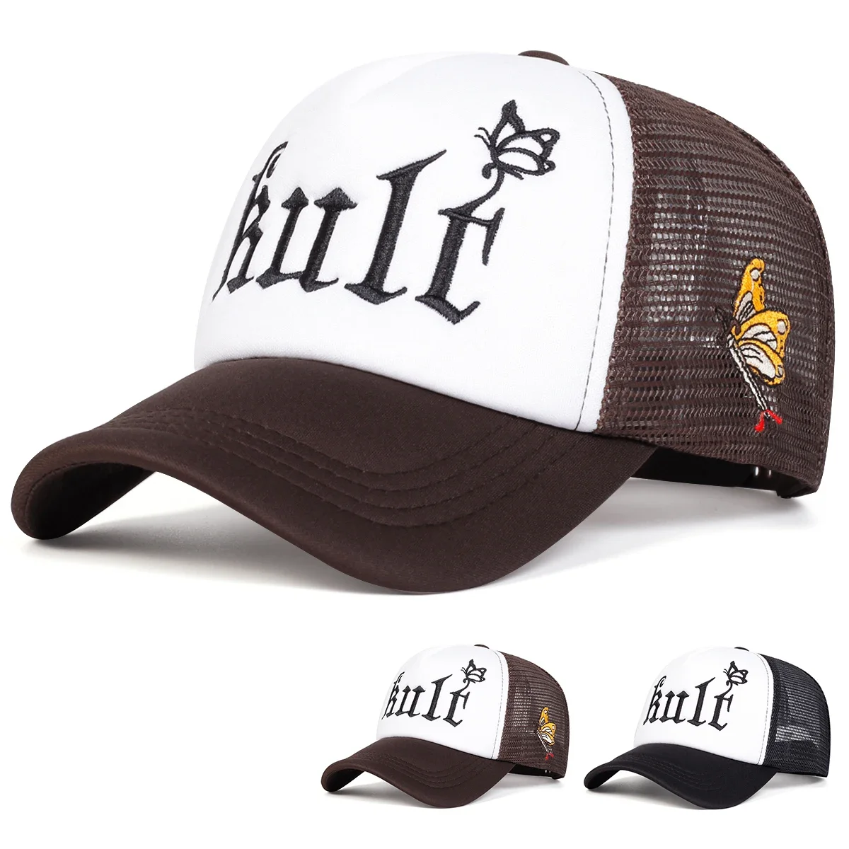 Unisexowe czapki bejsbolówki z siatki RULT z bocznym haftem motyla, wiosenno-letnie, regulowane, codzienne czapki przeciwsłoneczne, czapki sportowe.