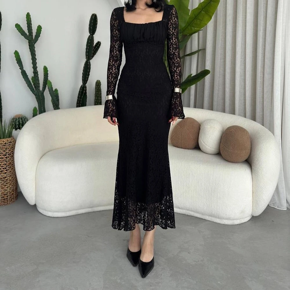 

Customized A-line Evening Dresses Tea-length Square Collar Full Sleeve Prom Gown Simple Fashion Lace Draped Casual Party Gown