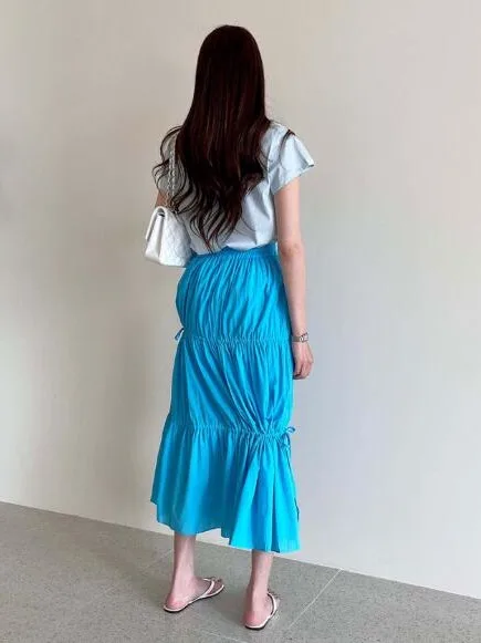 Spódniczka East Gate Small Ins w jednolitym kolorze, elastyczna talia, sznurek, asymetryczny dół z koronką, do pracy, kolekcja wiosenna...