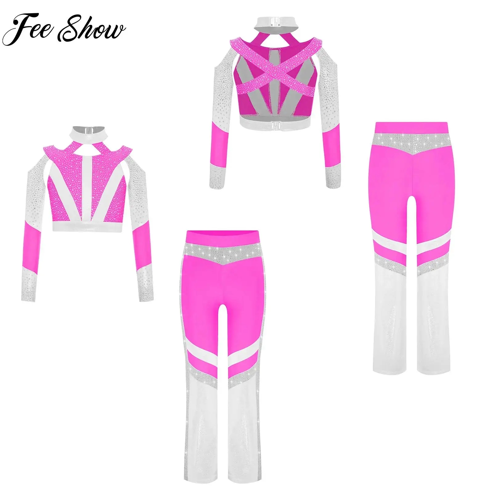 

Kids Girl Rhythmic Gymnastics 2-piece Dance Outfit Long Sleeve Crop Top Flared Pants Set for Acrobatics Figure Skating Dancewear