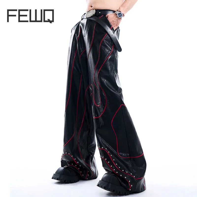 FEWQ Men's Rivet Design PU Leather Pants Autumn Winter 2024 Line Decoration Wide Leg Male Trousers Korea Fashion 24E2710