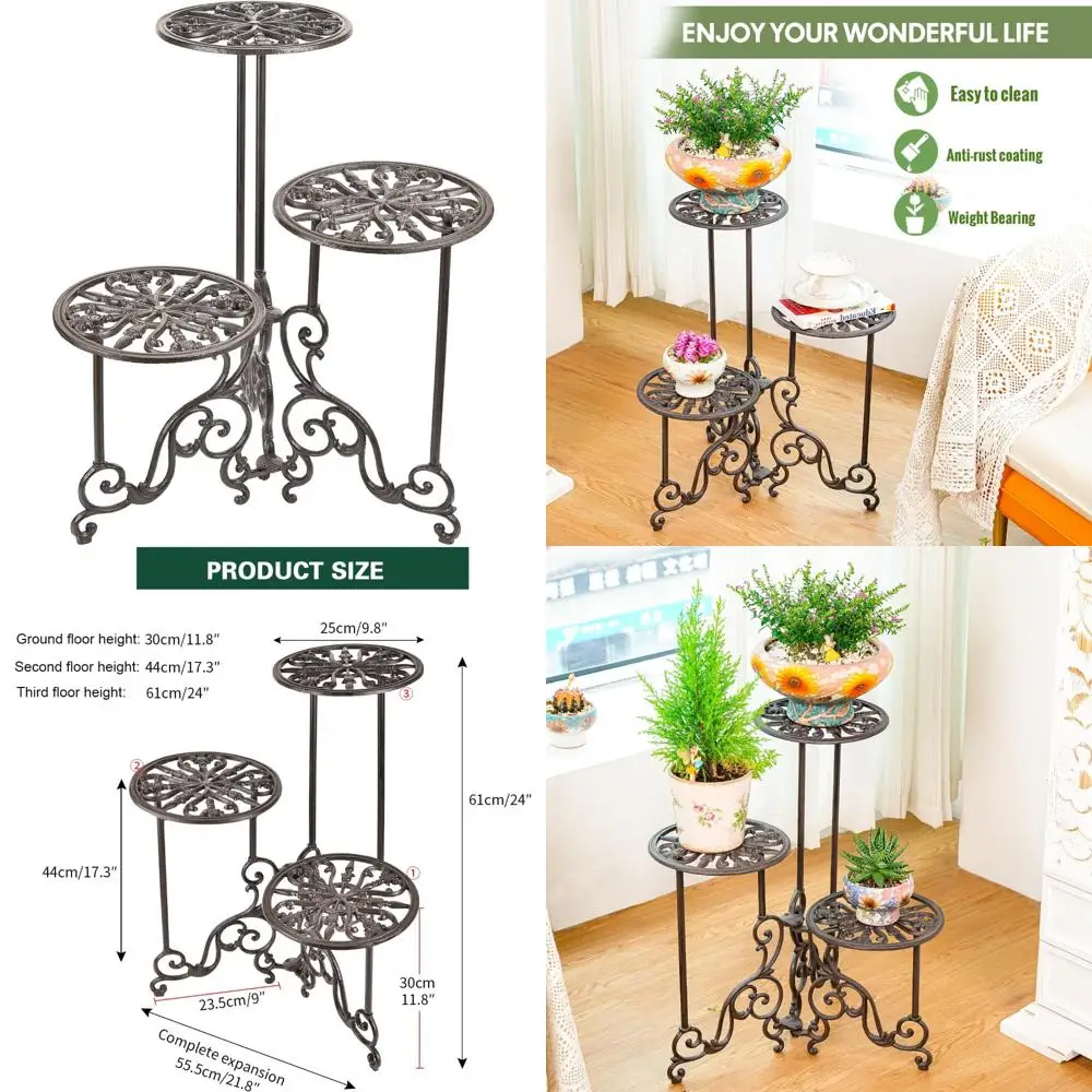 

Heavy-Duty 3-Tier Cast Iron Plant Stand, 24 Tall Foldable Metal Shelf for Indoor and Outdoor Flower Pots