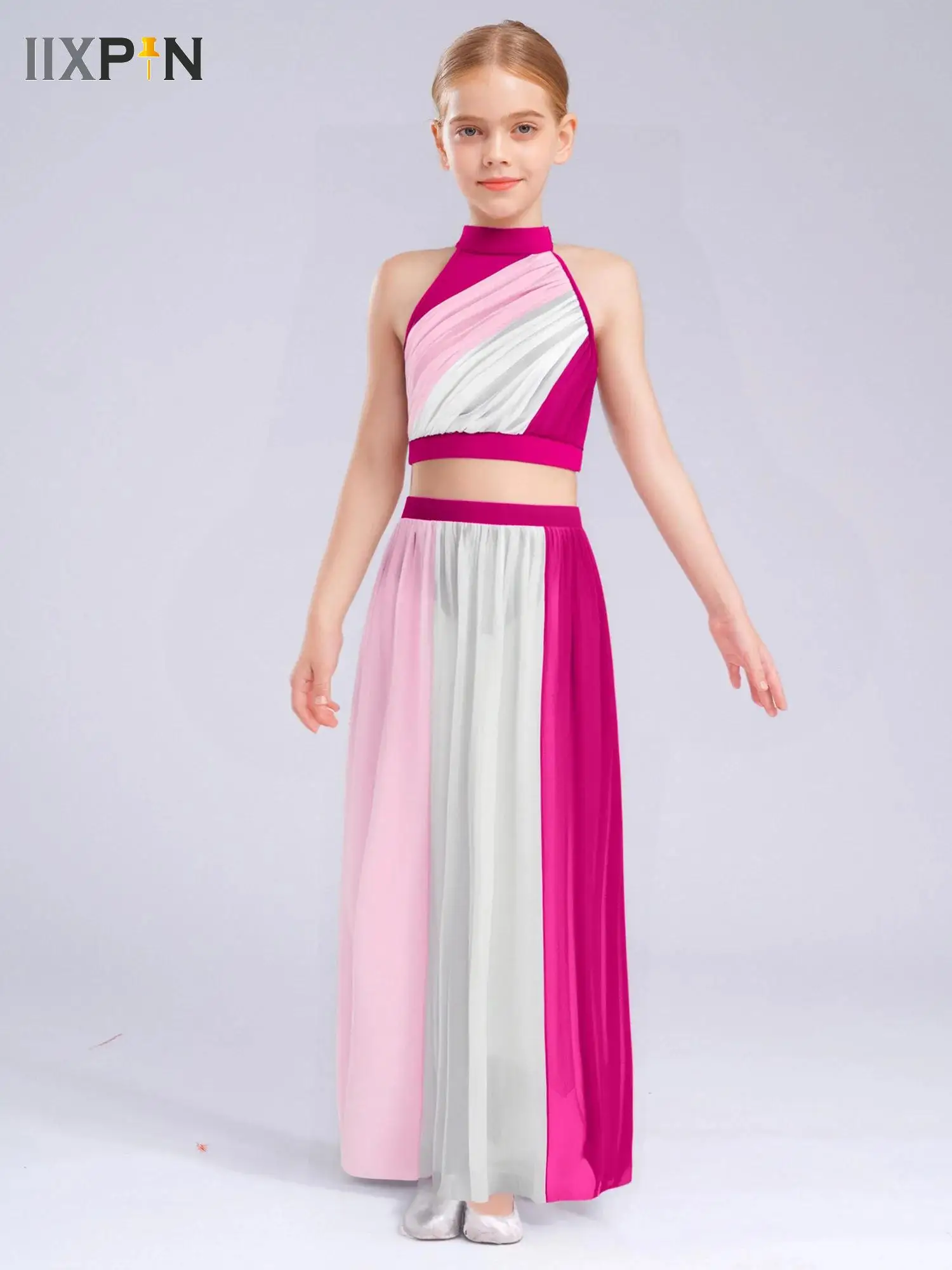 

Girls Ballet Dance Costume Color Block Ruched Crop Top with Split Chiffon Skirt Set Modern Figure Skating Lyrical Dancewear