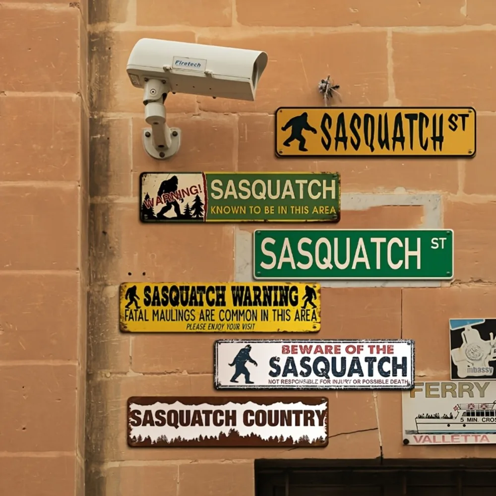 CIFBUY 6Pcs Vintage Sasquatch Warning Sign Set Funny Bigfoot Street Metal Tin Signs for Man Cave Garage Bar Wall Decor