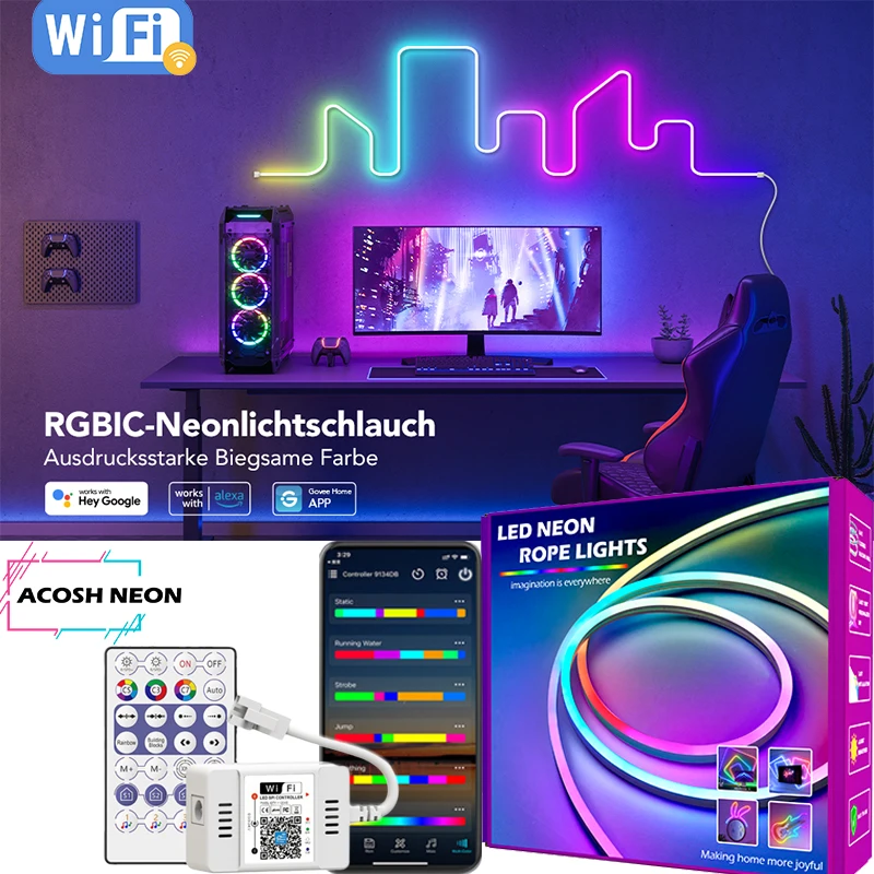 10M/32.8ft Neon LED Strip Light Wifi RGBIC Neon LED Tape Dreamcolor Addressable Flexible Neon Light Strip Work with Alexa