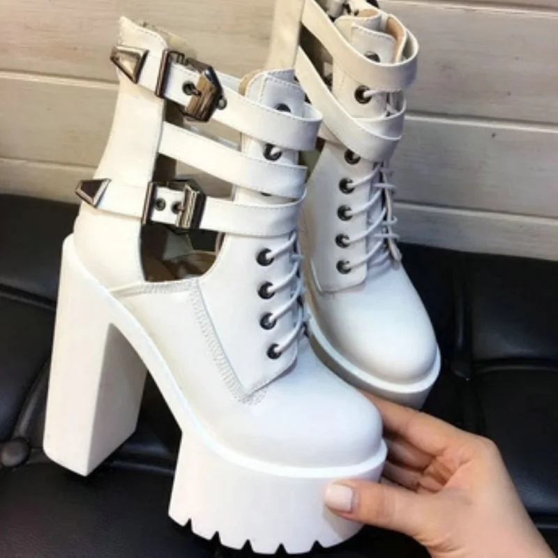 

2024 Winter Fashion Sexy Platform Lace Up Buckle White Black Leather Thick Heel High Heel Short Boots Women Party Dance Shoes