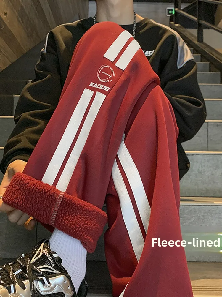 

American Vibe Wind Red Wine Color Pants Men's Autumn Winter Thiened Fce Straight Stripe Long Pants Casual Trousers