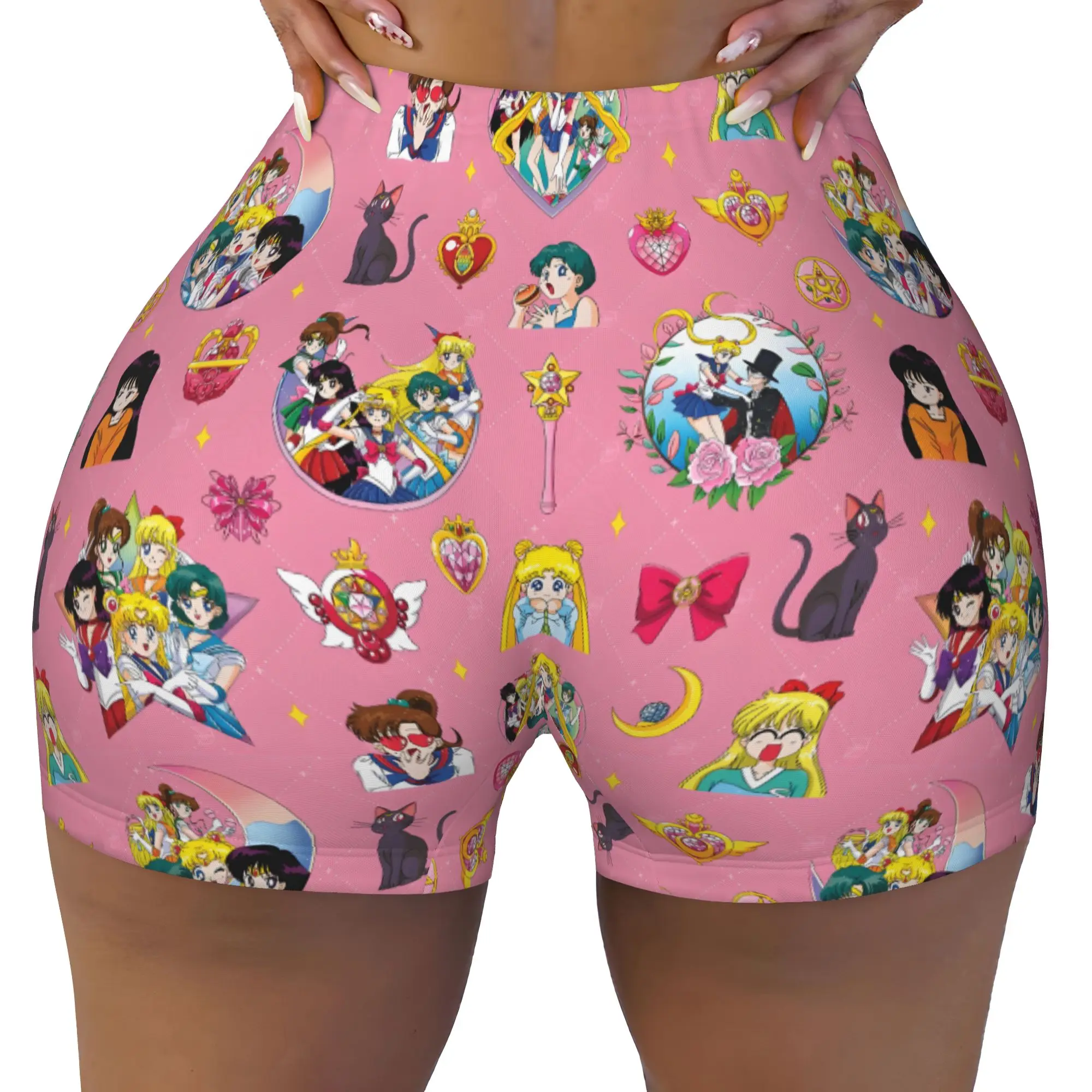 Custom Sailors Manga Moons Biker Running Gym Shorts Women's Usagi Tsukino Anime Athletic Workout Yoga Shorts