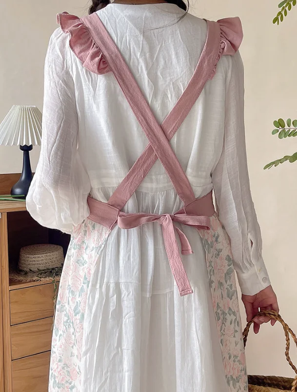 مريلة من القطن على طراز الأميرة الحلوة مع جيب للخصر ومريلة متقاطعة مضادة للبقع وغطاء رفيع H1