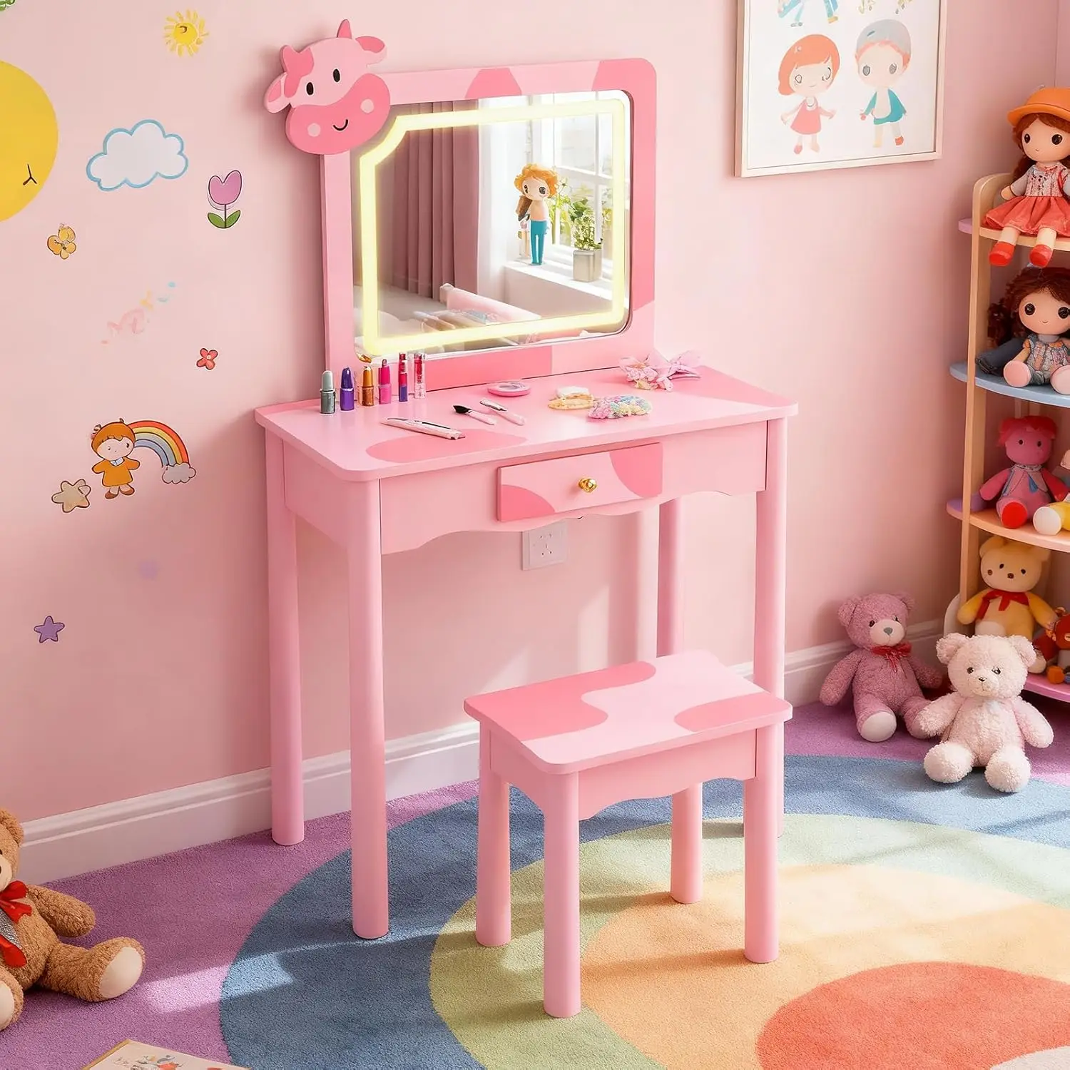 

2 in 1 Kids Vanity Set with Lighted Mirror & Stool Cow Pretend Play Makeup Desk Large Drawer Pink Girls Room