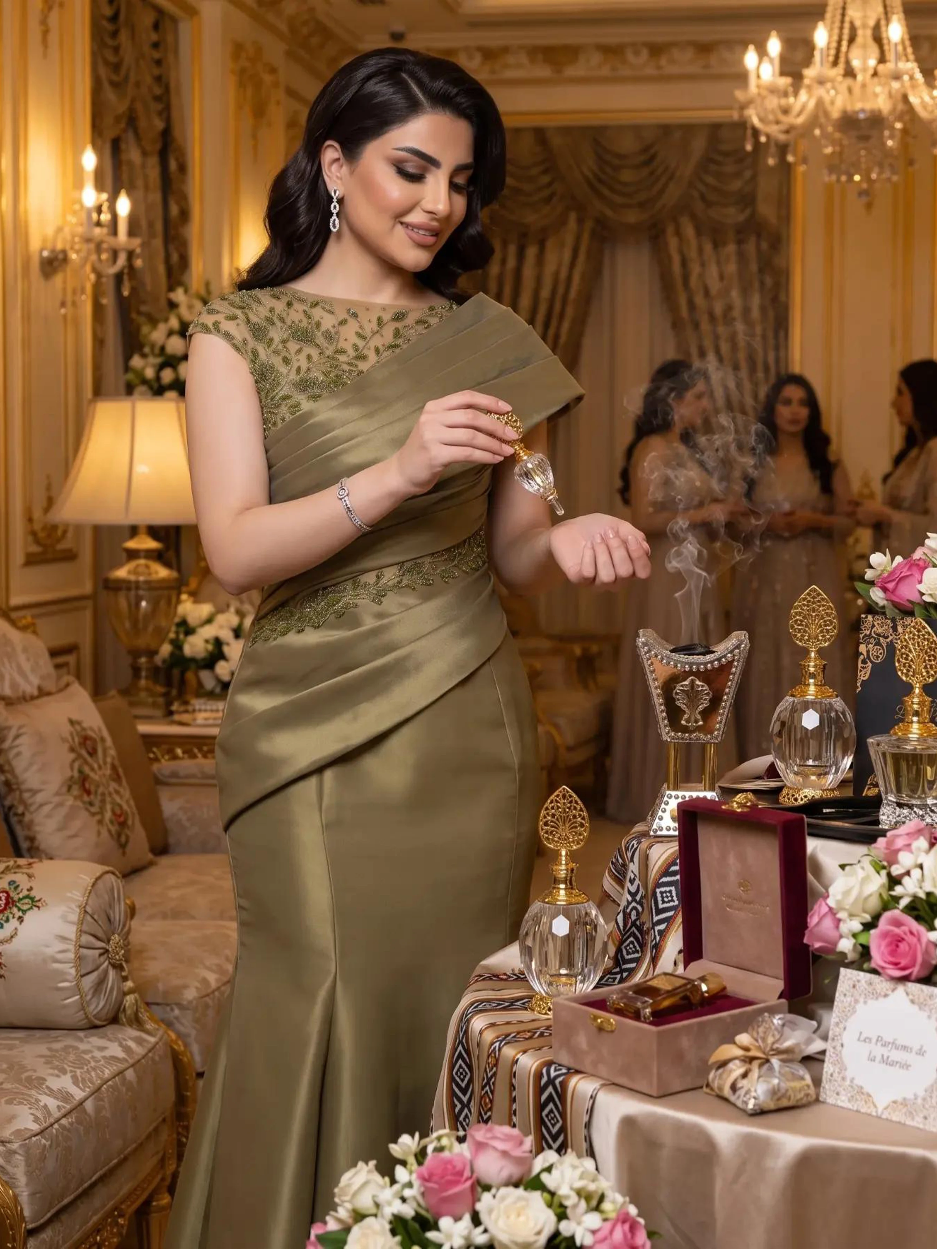 Dubai Olive Green Mermaid Evening Dresses Satin Pleated One Shoulder Beaded Lace Applique Formal Party Gown For Women Customized view 3